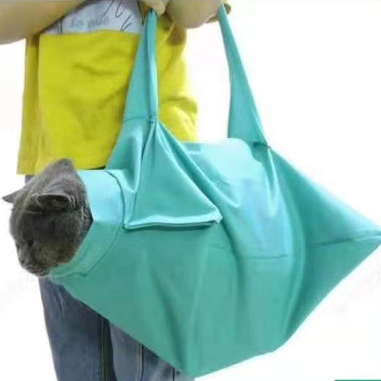 KFX-0597053 Foldable Cat Carrier Pouch for Nail Trimming - Soft Green & Black Tote Bag Design, Ideal for Adult Cats and Puppies