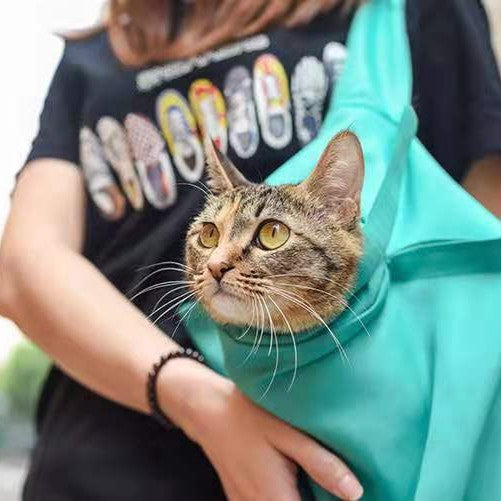 KFX-0597053 Foldable Cat Carrier Pouch for Nail Trimming - Soft Green & Black Tote Bag Design, Ideal for Adult Cats and Puppies