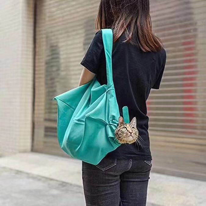 KFX-0597053 Foldable Cat Carrier Pouch for Nail Trimming - Soft Green & Black Tote Bag Design, Ideal for Adult Cats and Puppies