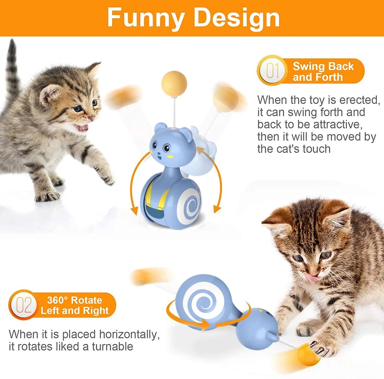 KFX-0598077 Interactive Feather Toy for Cats - Tumbler Rolling Teaser with Rotating Ball, Pink/Blue