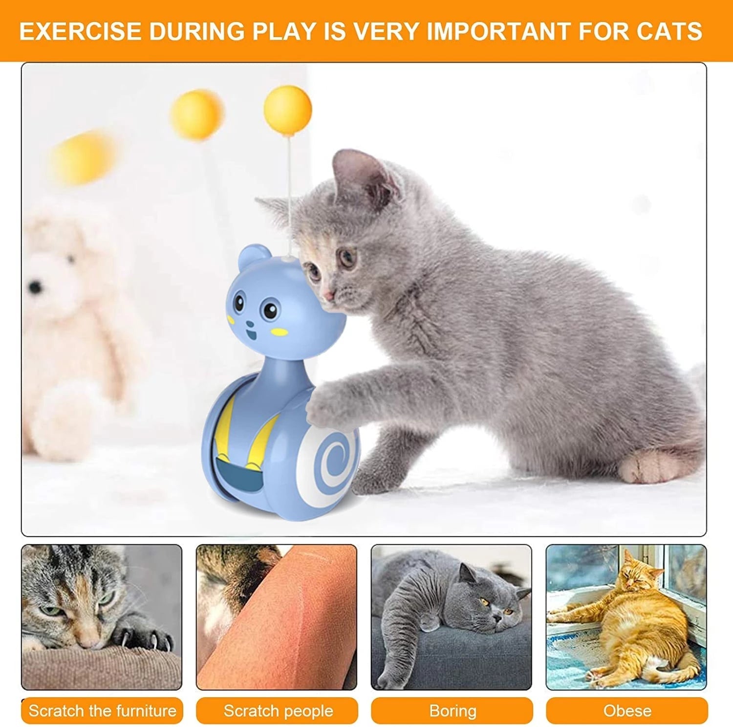 KFX-0598077 Interactive Feather Toy for Cats - Tumbler Rolling Teaser with Rotating Ball, Pink/Blue