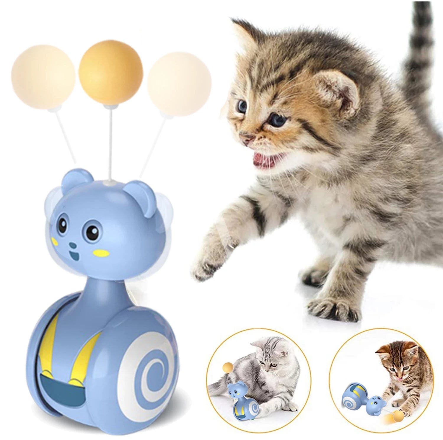 KFX-0598077 Interactive Feather Toy for Cats - Tumbler Rolling Teaser with Rotating Ball, Pink/Blue
