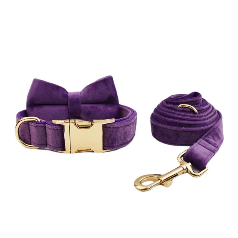 KFX-0599869 Velvet Pet Collar with Scalable Traction Rope and Bow Tie - Adjustable Fit for Dogs