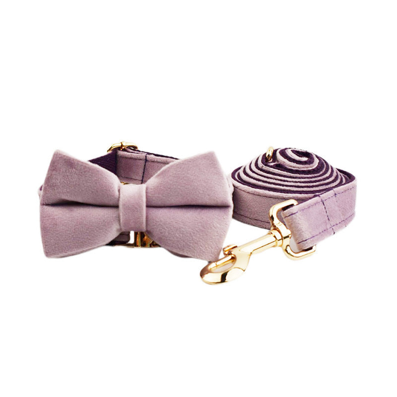 KFX-0599869 Velvet Pet Collar with Scalable Traction Rope and Bow Tie - Adjustable Fit for Dogs