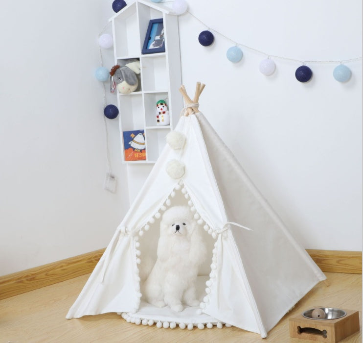 KFX-0600637 Cozy Canvas Pet Tent Bed with Pine Wood Frame - Portable, Washable, Easy Setup for Cats and Small Dogs