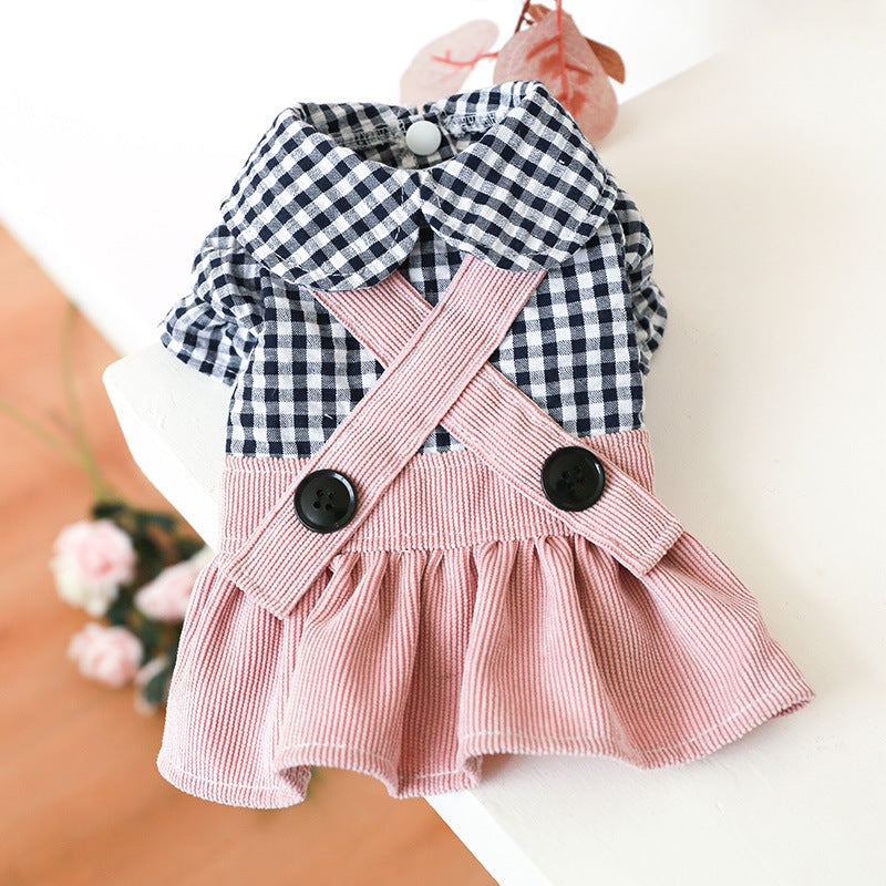 KFX-0601149 Casual Pet Dress with Button Plaid Design and Bow Suspenders for Small to Large Animals