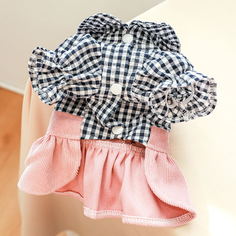 KFX-0601149 Casual Pet Dress with Button Plaid Design and Bow Suspenders for Small to Large Animals