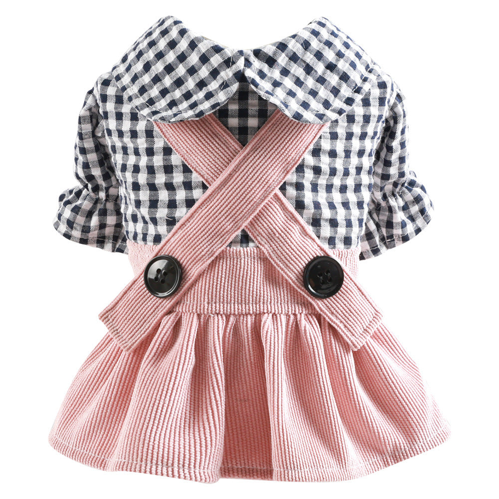 KFX-0601149 Casual Pet Dress with Button Plaid Design and Bow Suspenders for Small to Large Animals