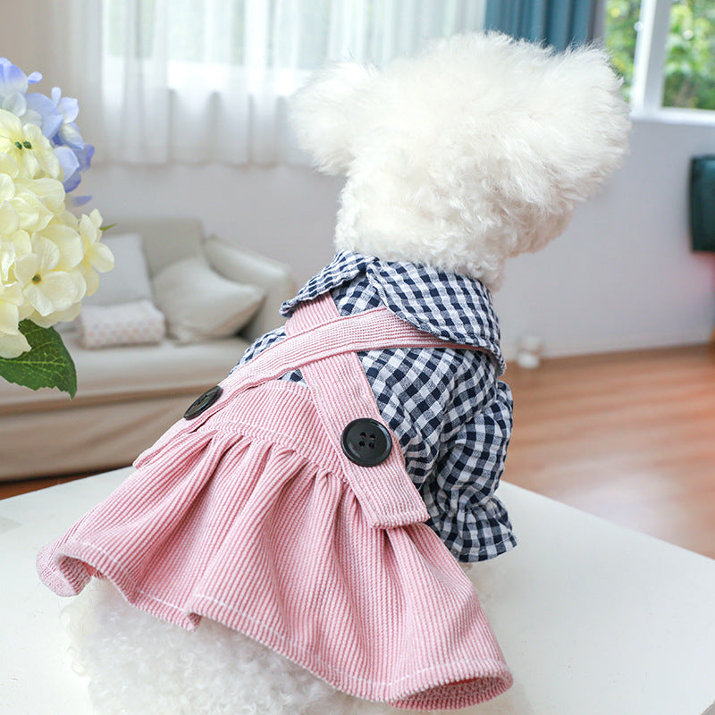KFX-0601149 Casual Pet Dress with Button Plaid Design and Bow Suspenders for Small to Large Animals