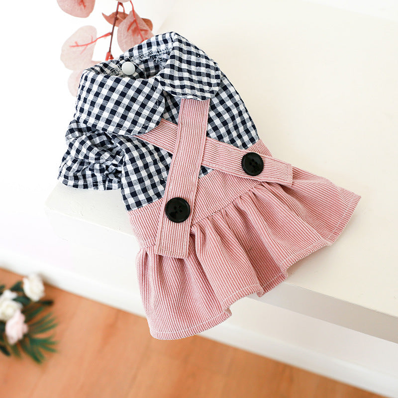KFX-0601149 Casual Pet Dress with Button Plaid Design and Bow Suspenders for Small to Large Animals