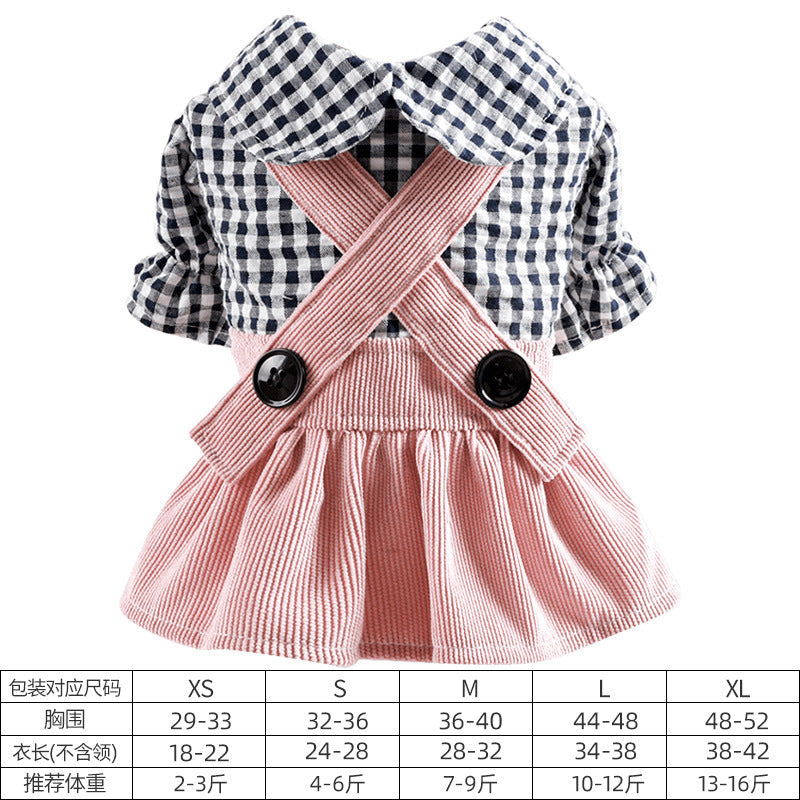 KFX-0601149 Casual Pet Dress with Button Plaid Design and Bow Suspenders for Small to Large Animals
