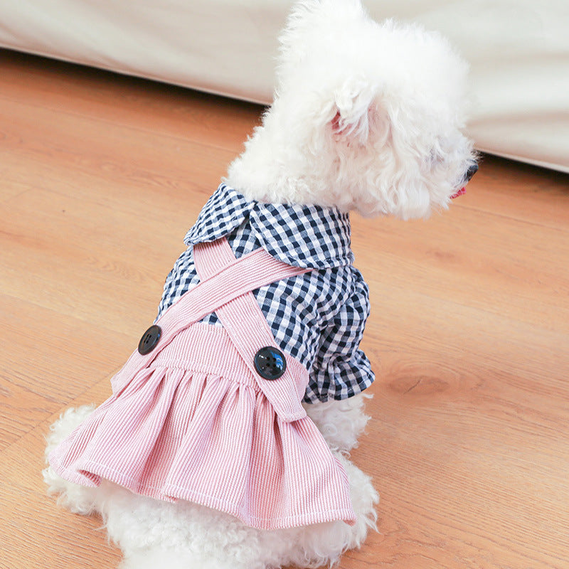 KFX-0601149 Casual Pet Dress with Button Plaid Design and Bow Suspenders for Small to Large Animals