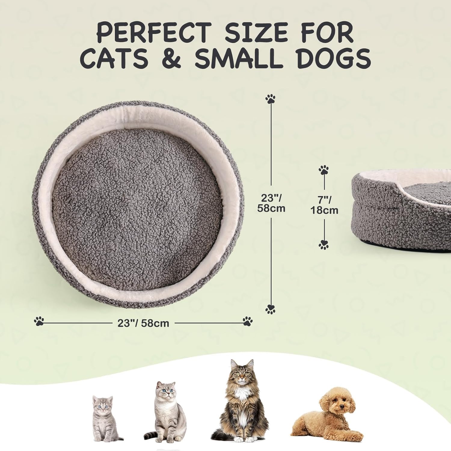 KFX-0604989 Orthopedic Washable Pet Bed for Small Dogs & Cats - 23 Inch Plush Round Bed with Non-Slip Bottom, Grey