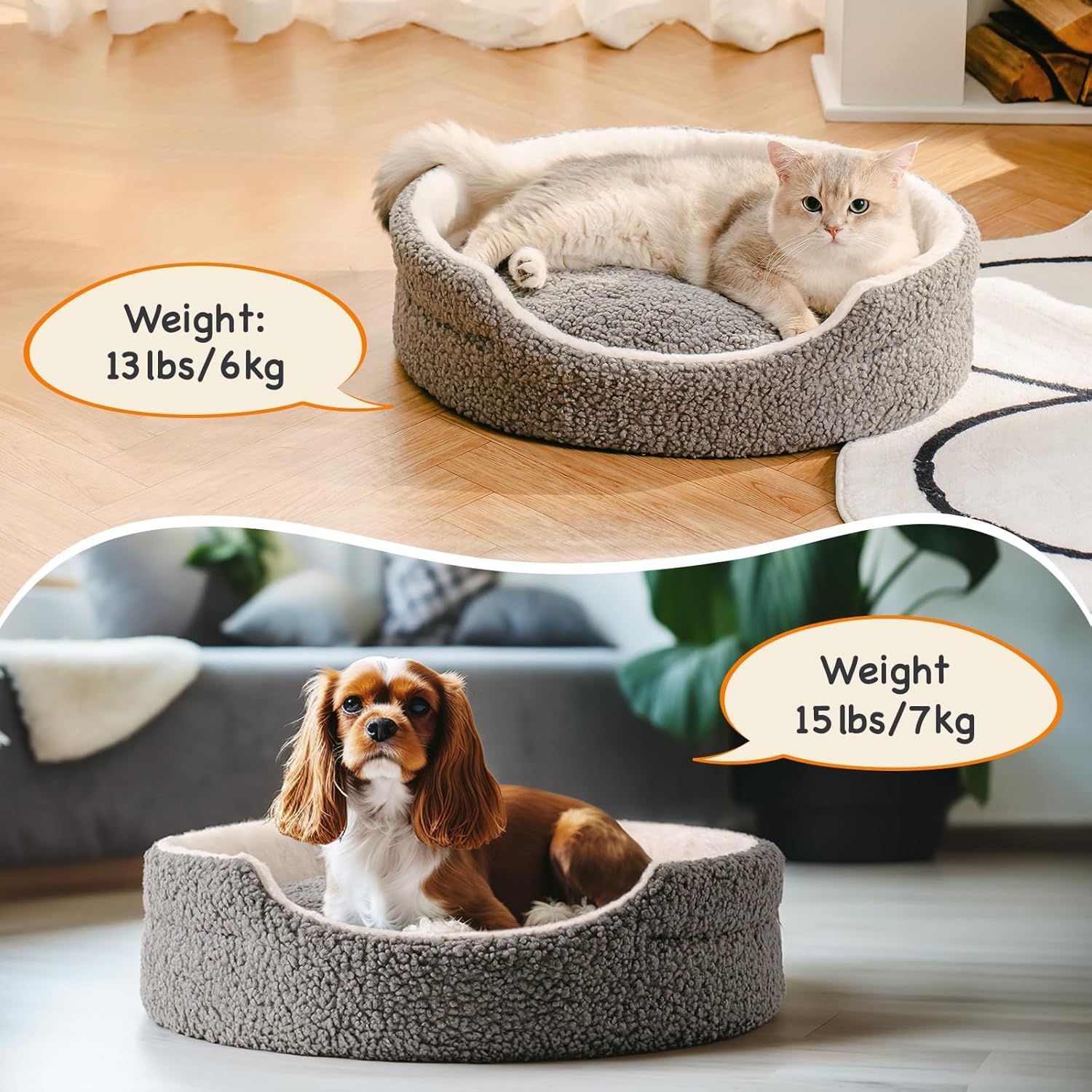 KFX-0604989 Orthopedic Washable Pet Bed for Small Dogs & Cats - 23 Inch Plush Round Bed with Non-Slip Bottom, Grey