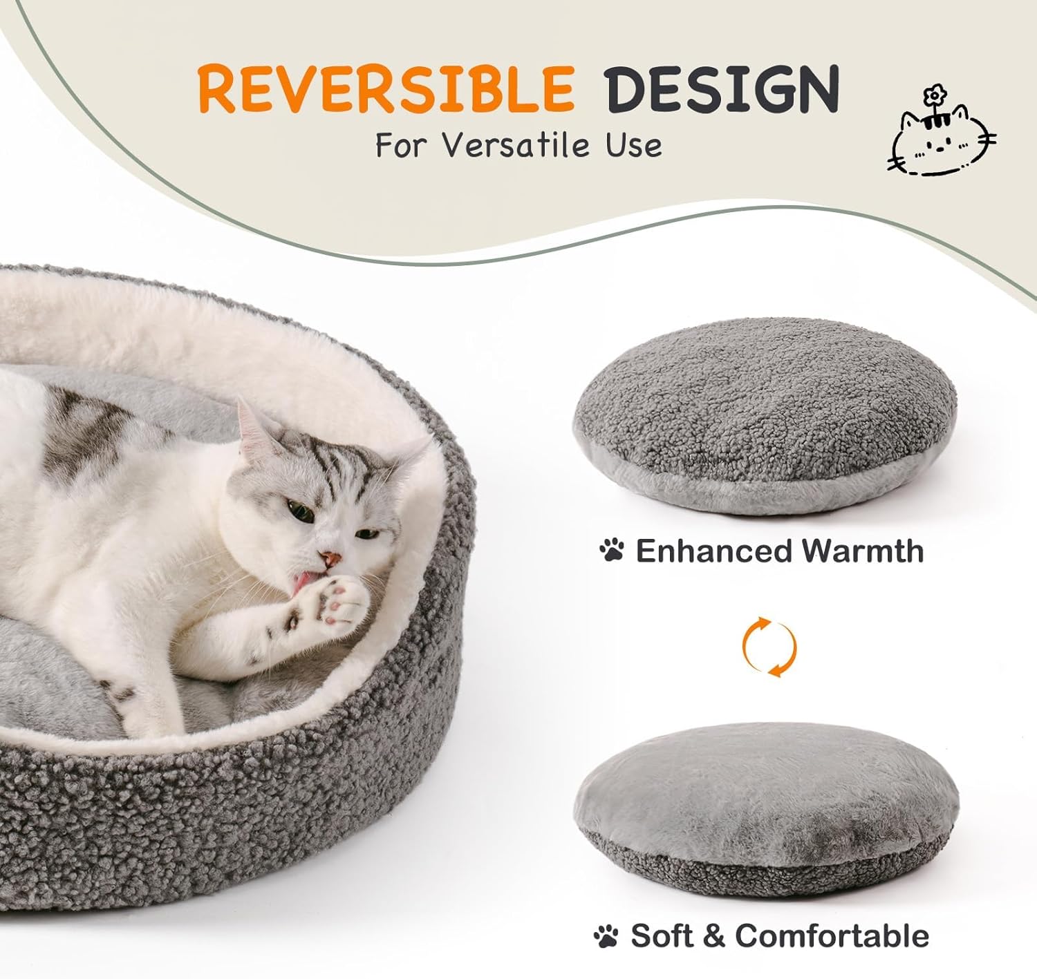 KFX-0604989 Orthopedic Washable Pet Bed for Small Dogs & Cats - 23 Inch Plush Round Bed with Non-Slip Bottom, Grey