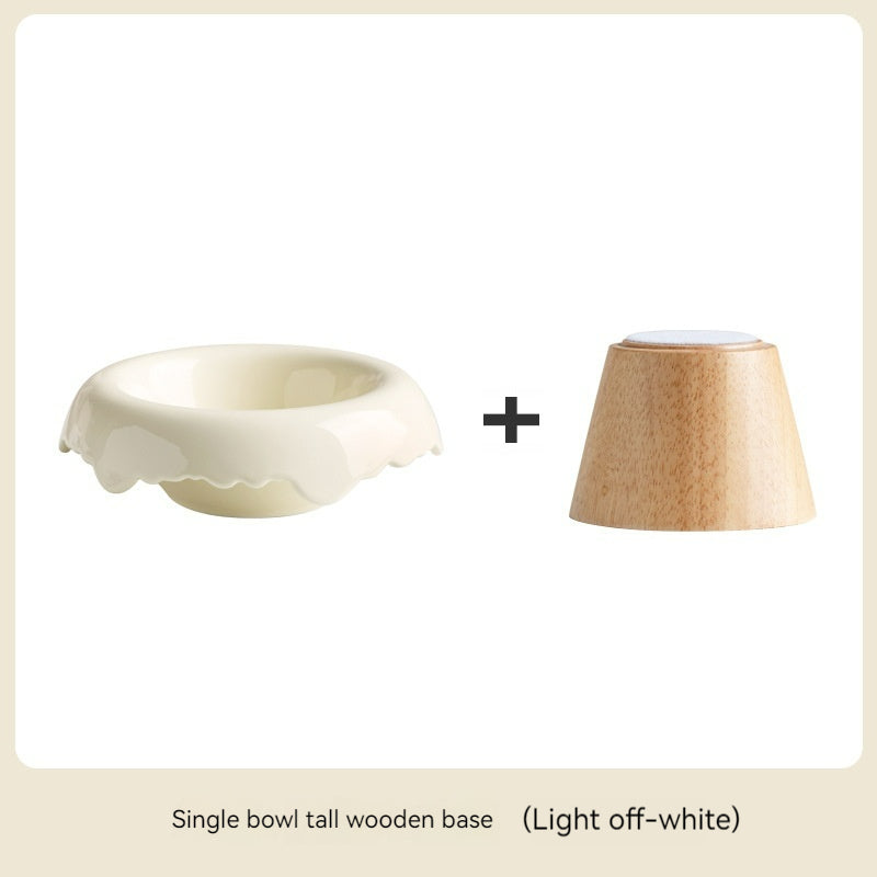 KFX-0606525 High Leg Ceramic Cat Food Bowl with Wooden Base - Multiple Colors Available