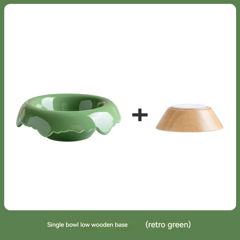 KFX-0606525 High Leg Ceramic Cat Food Bowl with Wooden Base - Multiple Colors Available