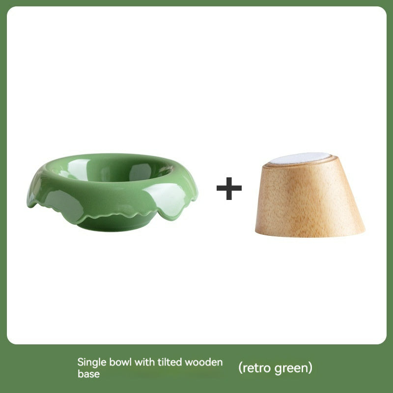 KFX-0606525 High Leg Ceramic Cat Food Bowl with Wooden Base - Multiple Colors Available