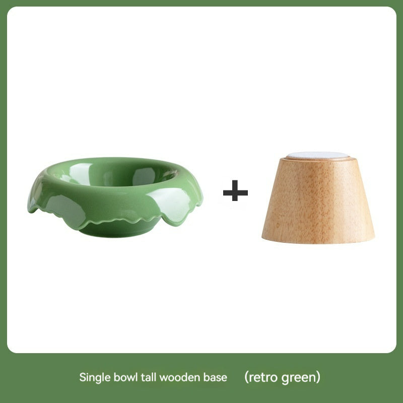 KFX-0606525 High Leg Ceramic Cat Food Bowl with Wooden Base - Multiple Colors Available