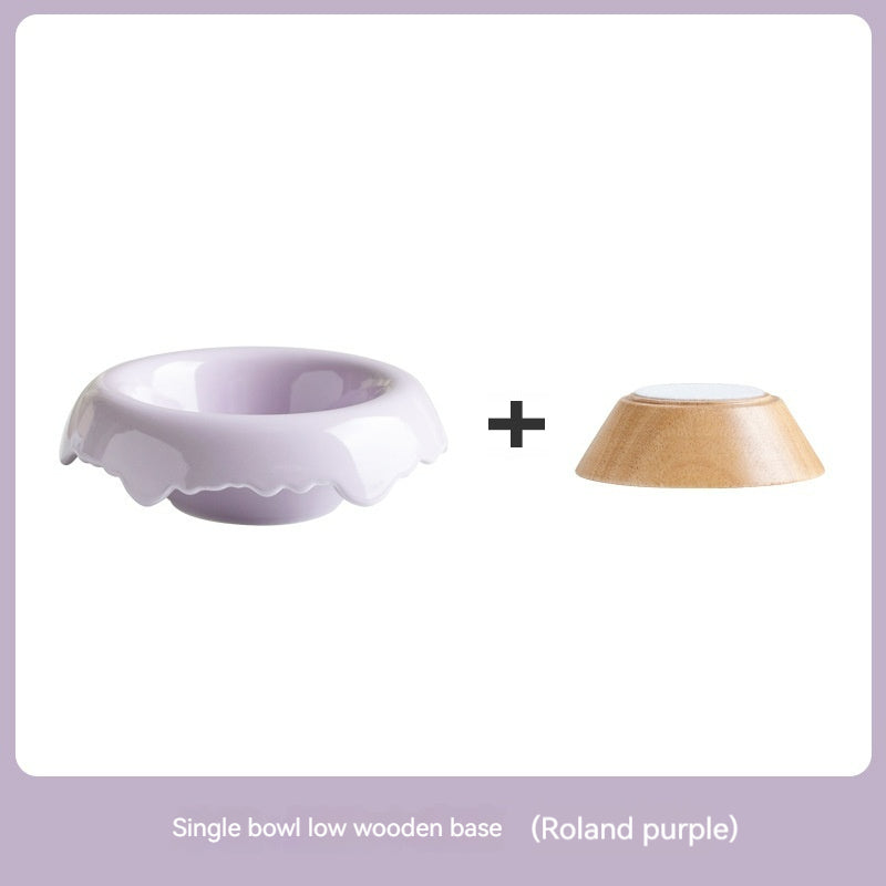 KFX-0606525 High Leg Ceramic Cat Food Bowl with Wooden Base - Multiple Colors Available