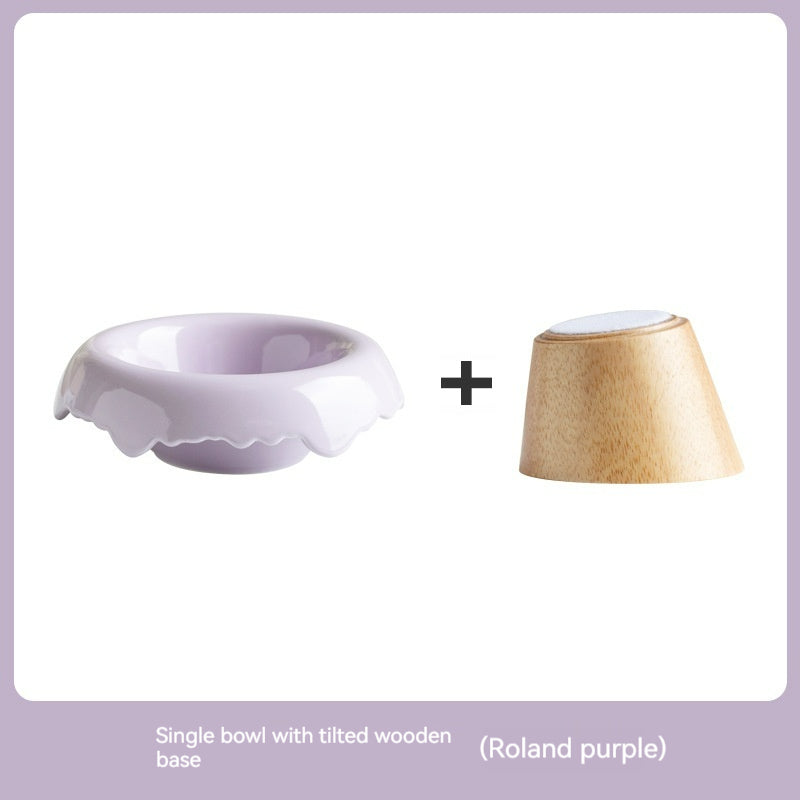 KFX-0606525 High Leg Ceramic Cat Food Bowl with Wooden Base - Multiple Colors Available