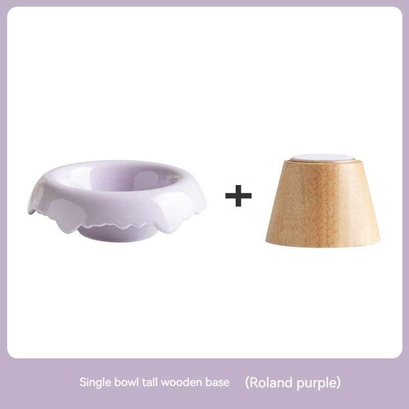 KFX-0606525 High Leg Ceramic Cat Food Bowl with Wooden Base - Multiple Colors Available