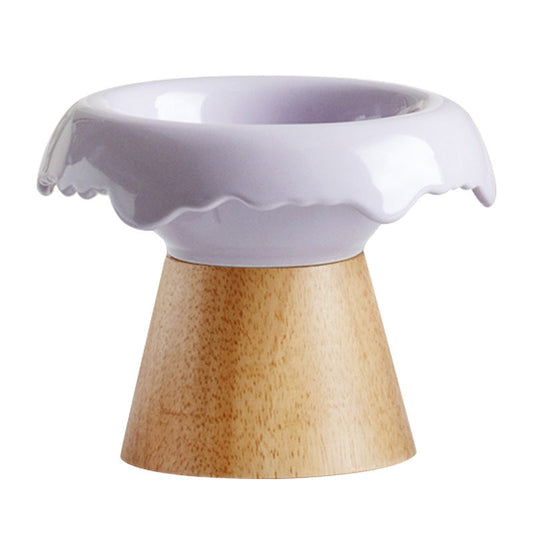 KFX-0606525 High Leg Ceramic Cat Food Bowl with Wooden Base - Multiple Colors Available