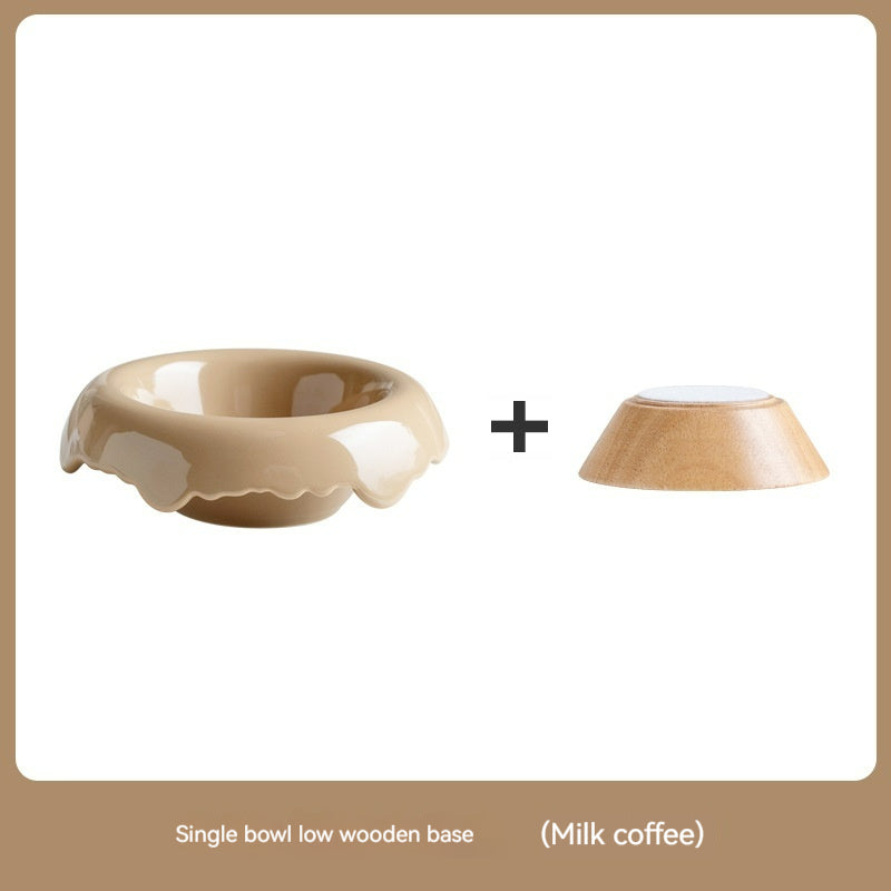 KFX-0606525 High Leg Ceramic Cat Food Bowl with Wooden Base - Multiple Colors Available