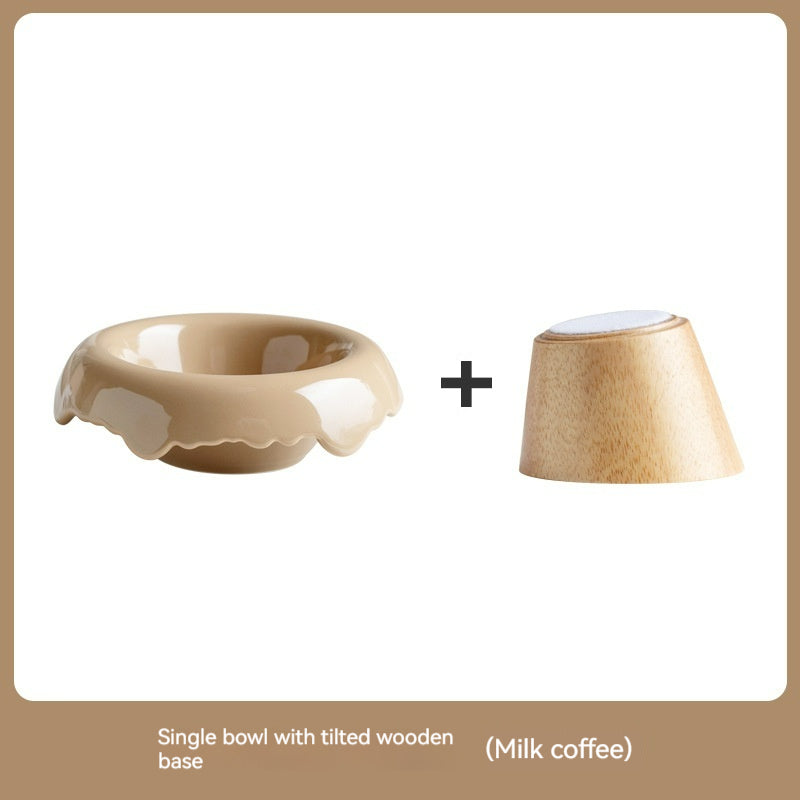 KFX-0606525 High Leg Ceramic Cat Food Bowl with Wooden Base - Multiple Colors Available