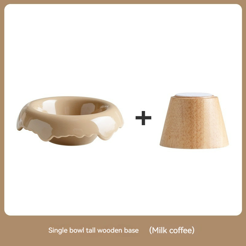 KFX-0606525 High Leg Ceramic Cat Food Bowl with Wooden Base - Multiple Colors Available