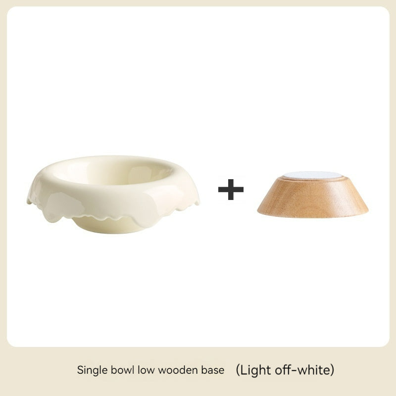 KFX-0606525 High Leg Ceramic Cat Food Bowl with Wooden Base - Multiple Colors Available