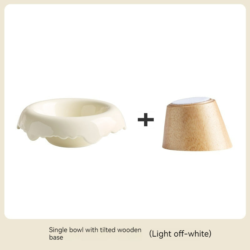 KFX-0606525 High Leg Ceramic Cat Food Bowl with Wooden Base - Multiple Colors Available