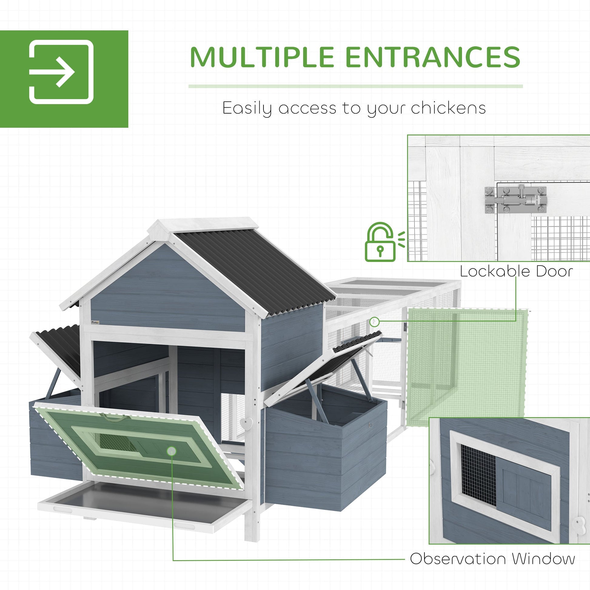 KFX-0609981 Extra Large Wooden Chicken Coop with 2 Nesting Boxes, Run Cage, and Waterproof Roof for 10-15 Chickens in Light Gray