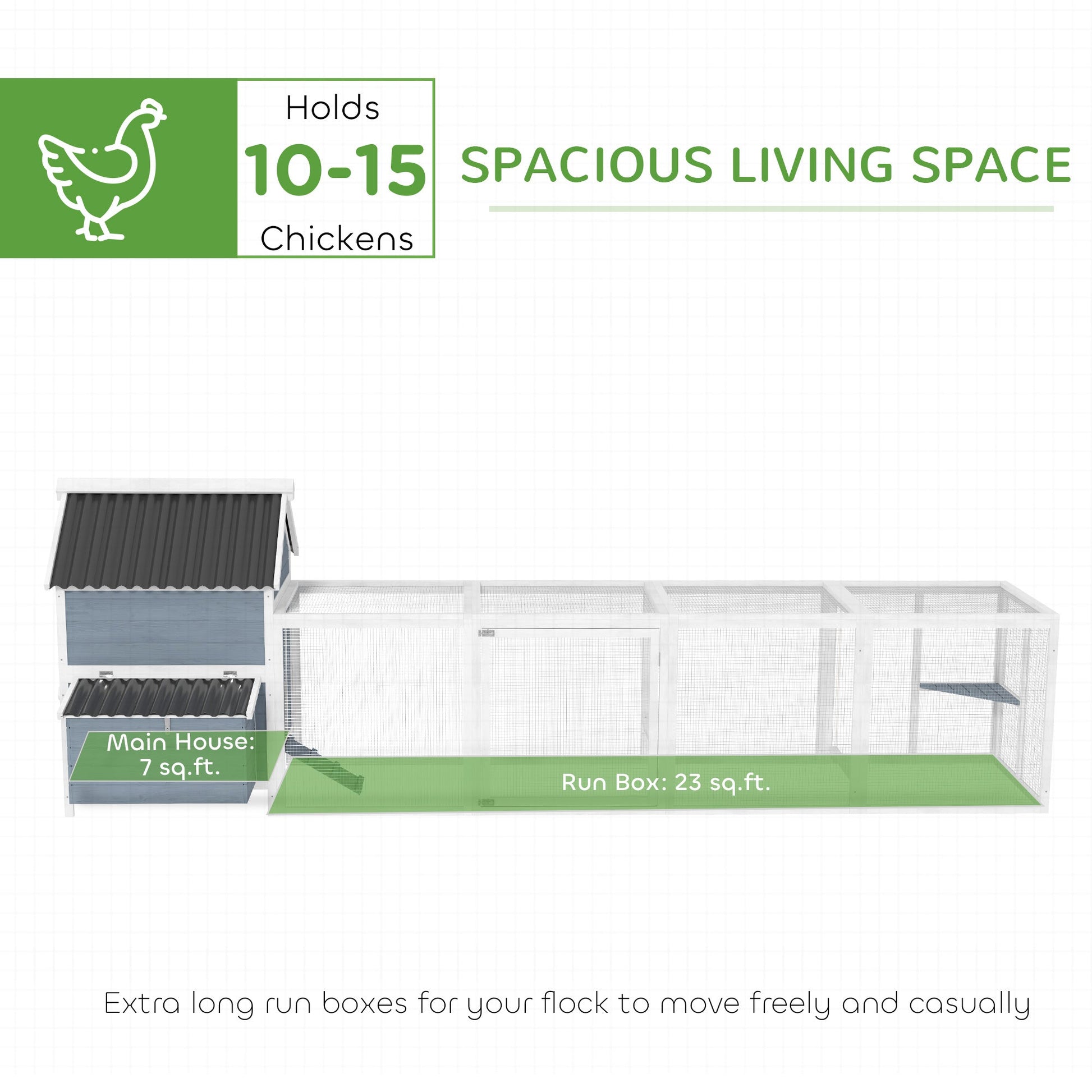 KFX-0609981 Extra Large Wooden Chicken Coop with 2 Nesting Boxes, Run Cage, and Waterproof Roof for 10-15 Chickens in Light Gray