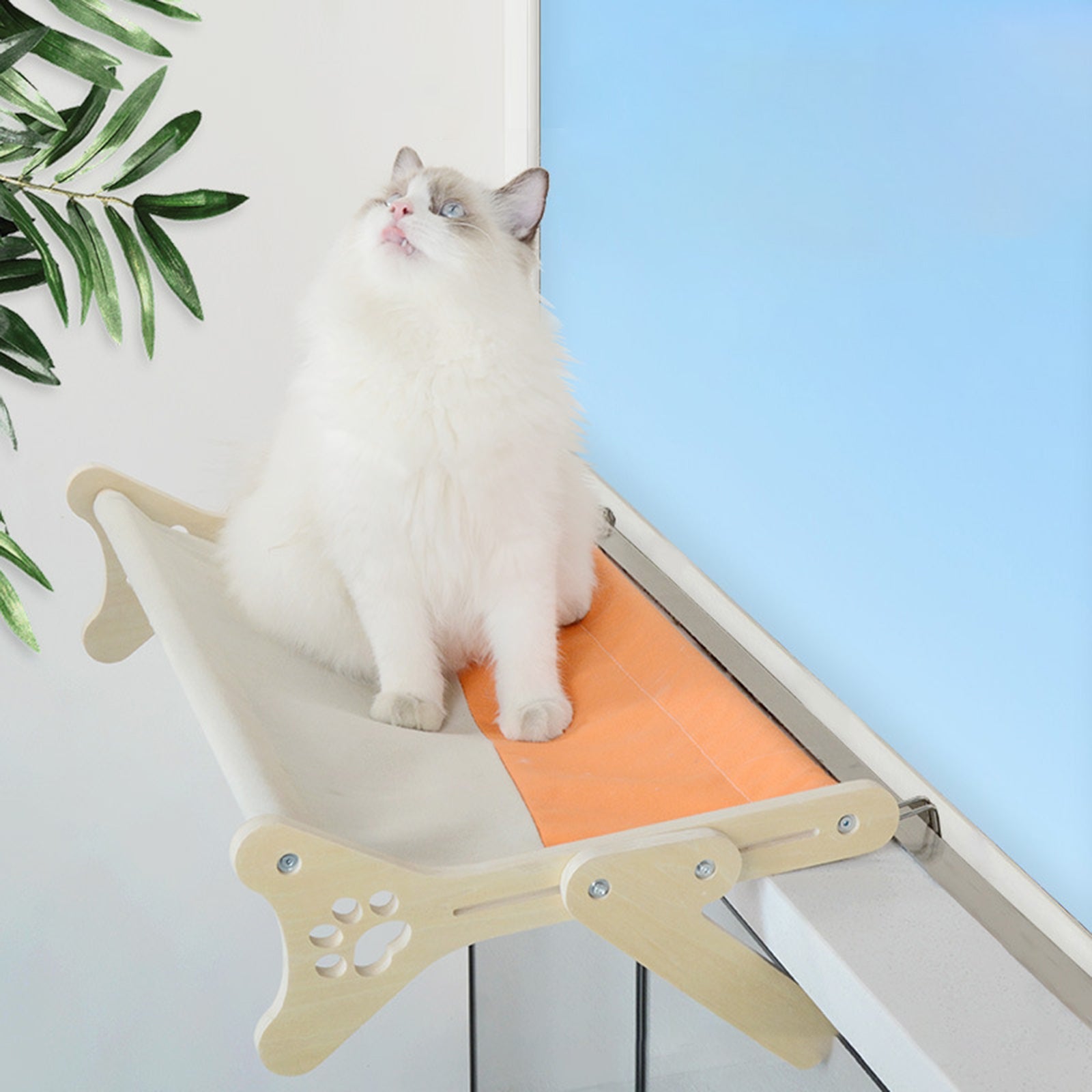 KFX-0610365 Solid Wood One-Piece Cat Hanging Bed for Windowsill Sunbathing 58x37x16cm