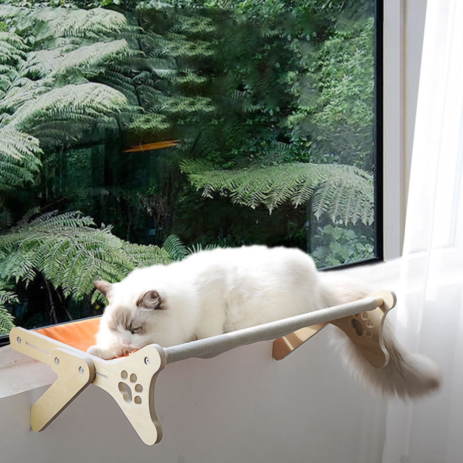 KFX-0610365 Solid Wood One-Piece Cat Hanging Bed for Windowsill Sunbathing 58x37x16cm