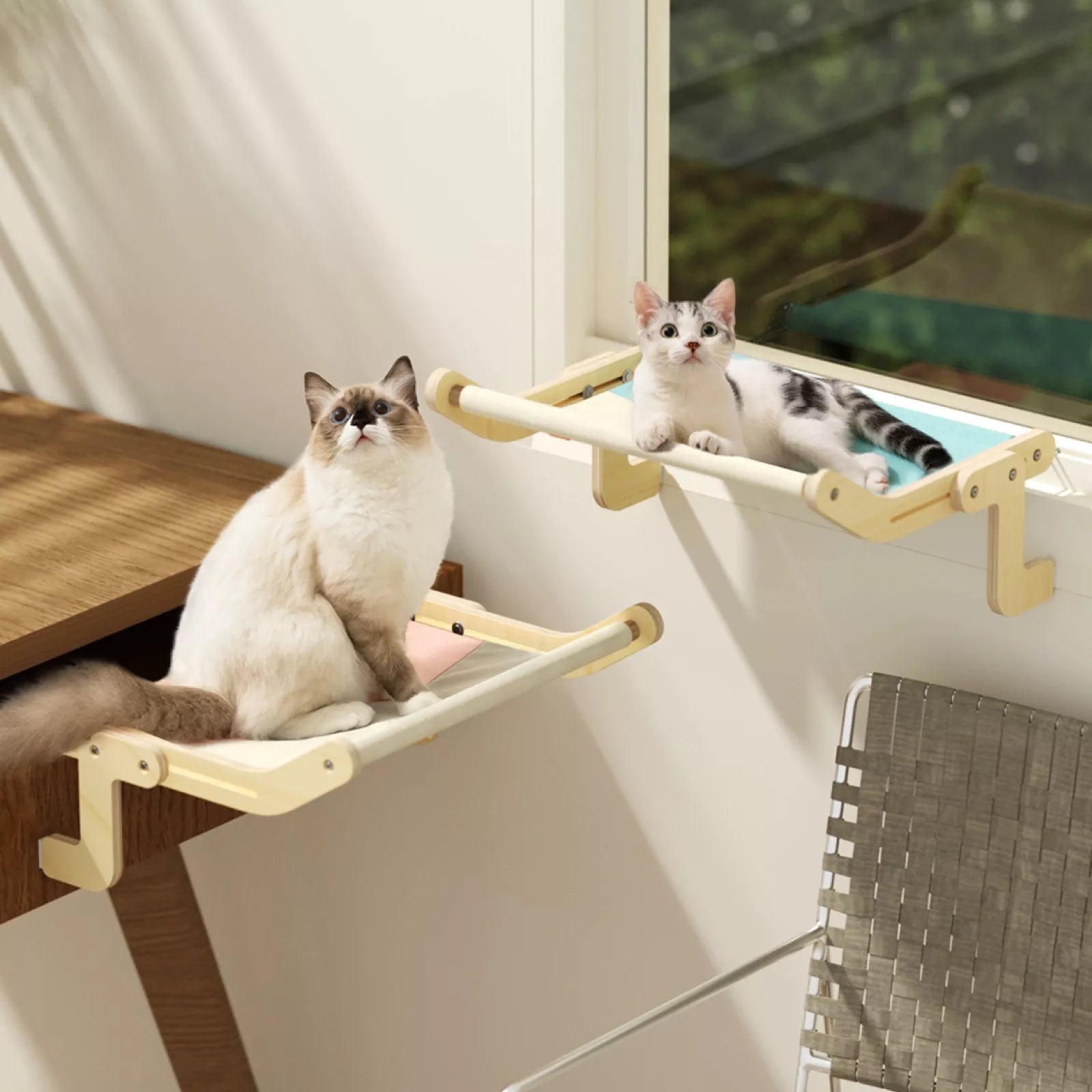 KFX-0610365 Solid Wood One-Piece Cat Hanging Bed for Windowsill Sunbathing 58x37x16cm