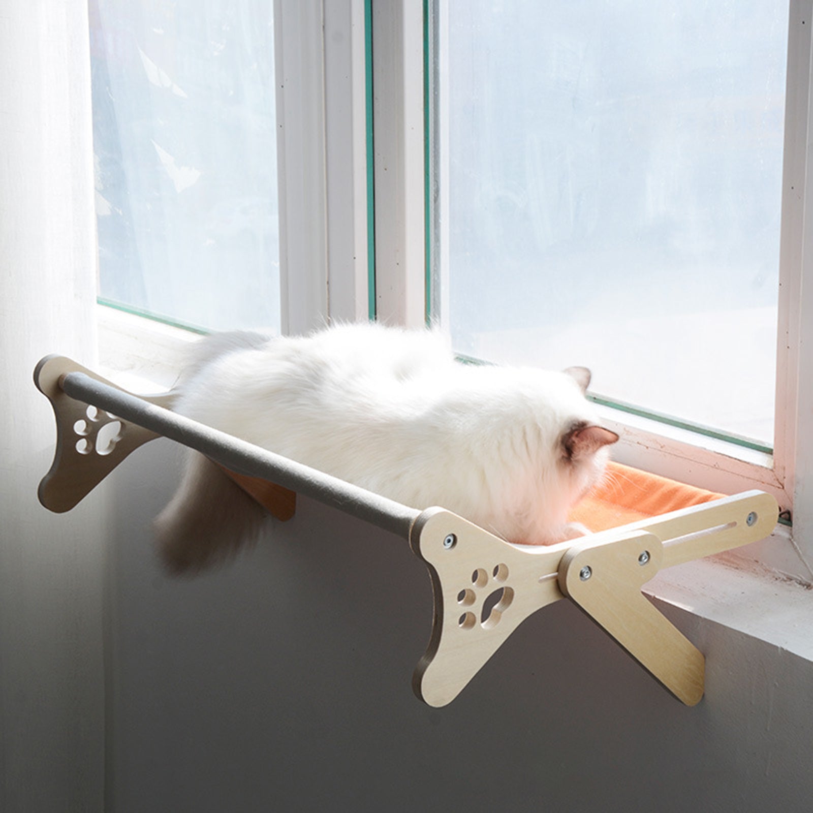 KFX-0610365 Solid Wood One-Piece Cat Hanging Bed for Windowsill Sunbathing 58x37x16cm