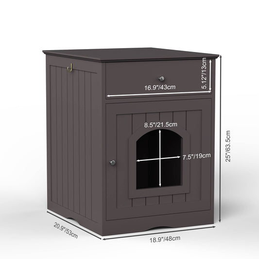KFX-0615741 Wooden Cat Litter Box Enclosure with Drawer - Indoor Pet Crate and Side Table, Brown Finish