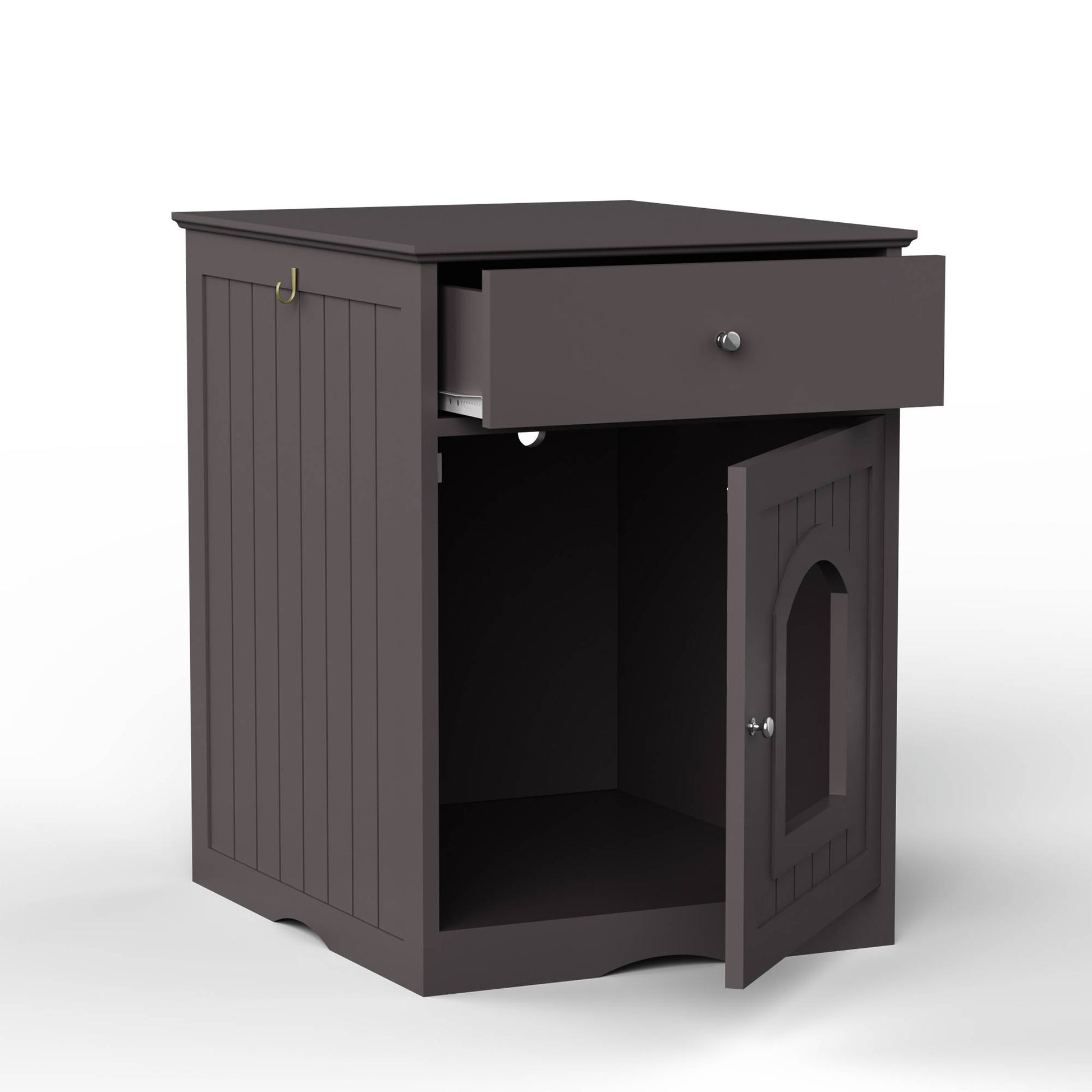 KFX-0615741 Wooden Cat Litter Box Enclosure with Drawer - Indoor Pet Crate and Side Table, Brown Finish