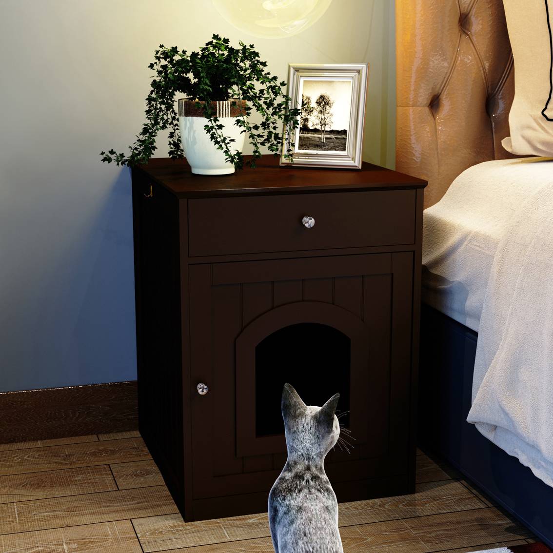 KFX-0615741 Wooden Cat Litter Box Enclosure with Drawer - Indoor Pet Crate and Side Table, Brown Finish
