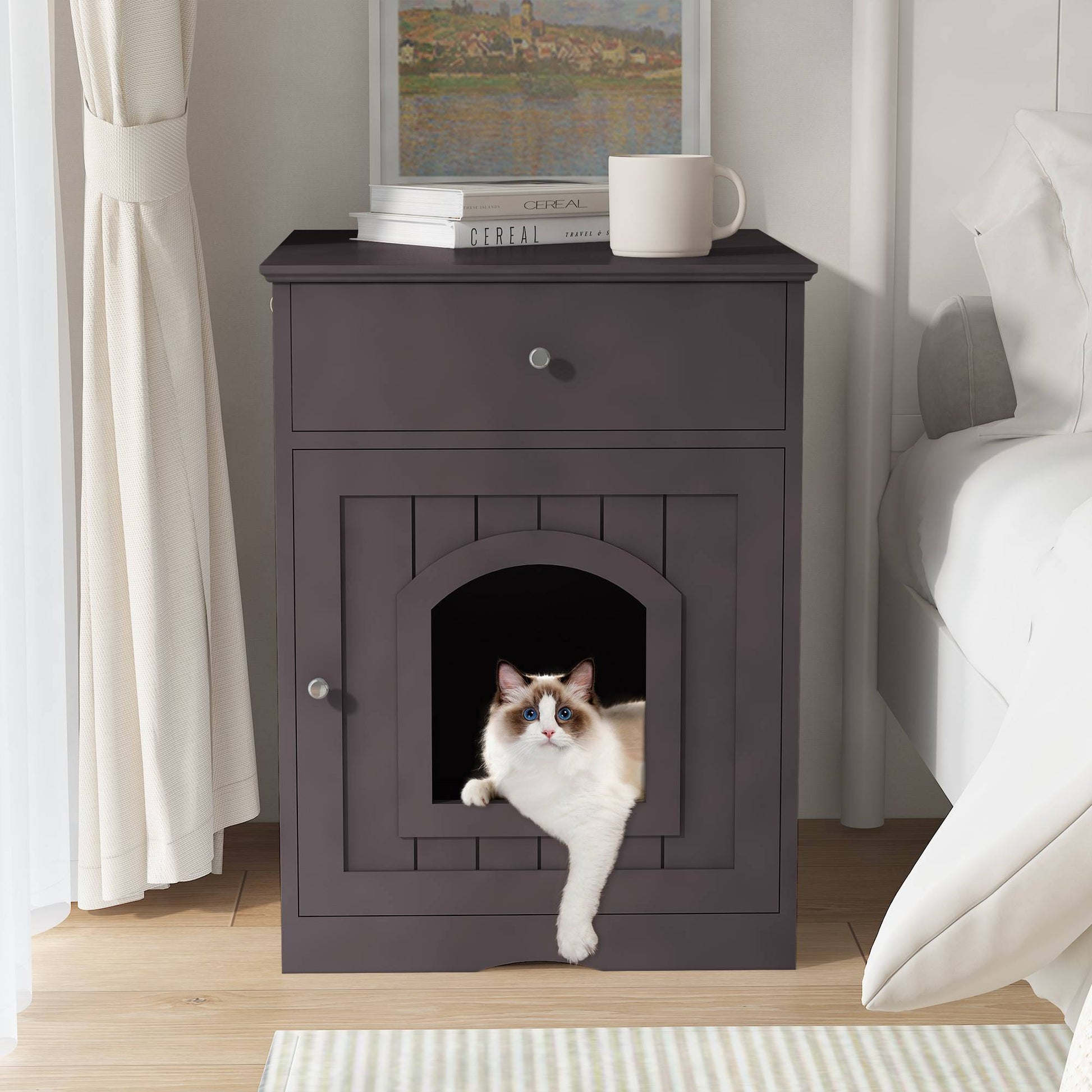 KFX-0615741 Wooden Cat Litter Box Enclosure with Drawer - Indoor Pet Crate and Side Table, Brown Finish
