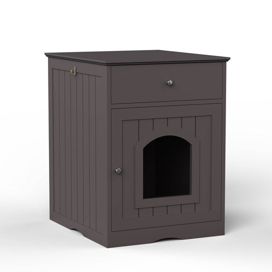 KFX-0615741 Wooden Cat Litter Box Enclosure with Drawer - Indoor Pet Crate and Side Table, Brown Finish