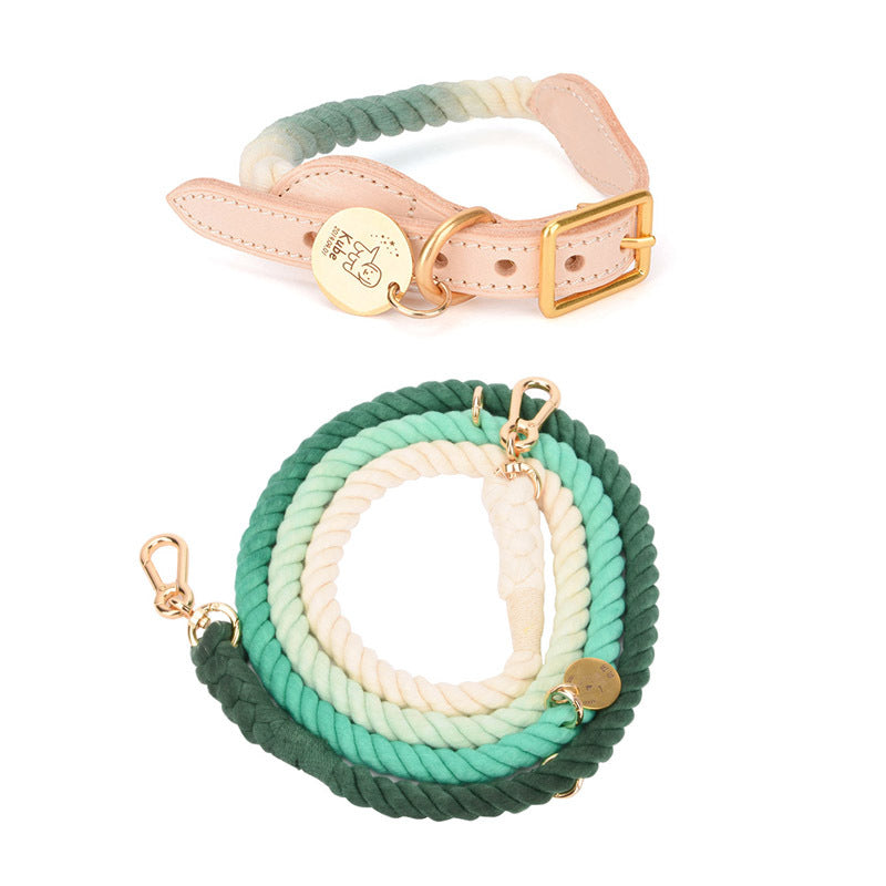 KFX-0619837 Multifunctional Rainbow Gradient Cotton Dog Traction Rope with Hand-Woven Collar Options