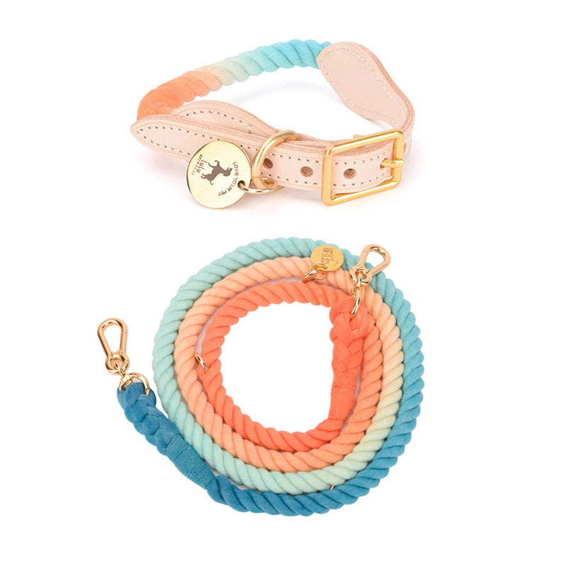 KFX-0619837 Multifunctional Rainbow Gradient Cotton Dog Traction Rope with Hand-Woven Collar Options