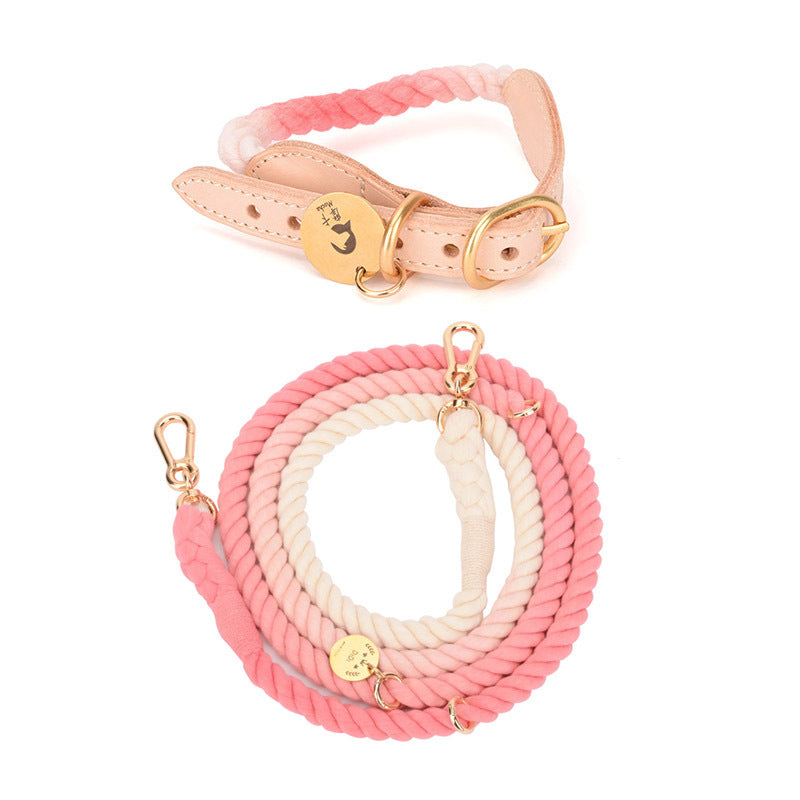KFX-0619837 Multifunctional Rainbow Gradient Cotton Dog Traction Rope with Hand-Woven Collar Options