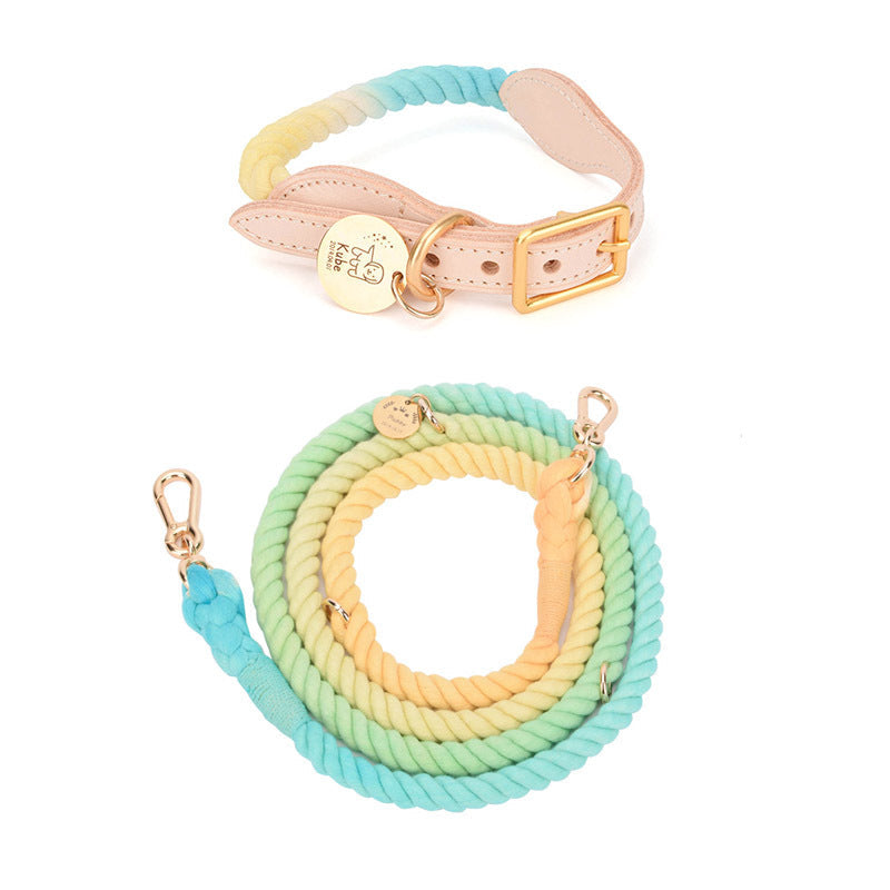 KFX-0619837 Multifunctional Rainbow Gradient Cotton Dog Traction Rope with Hand-Woven Collar Options