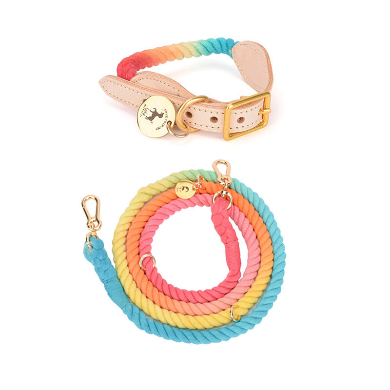 KFX-0619837 Multifunctional Rainbow Gradient Cotton Dog Traction Rope with Hand-Woven Collar Options