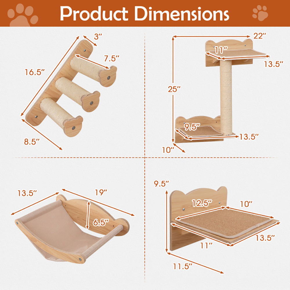 KFX-0621117 Natural Plywood Cat Wall Furniture Set with Hammock, 2-Step Cat Tree, and 3-Step Stairs