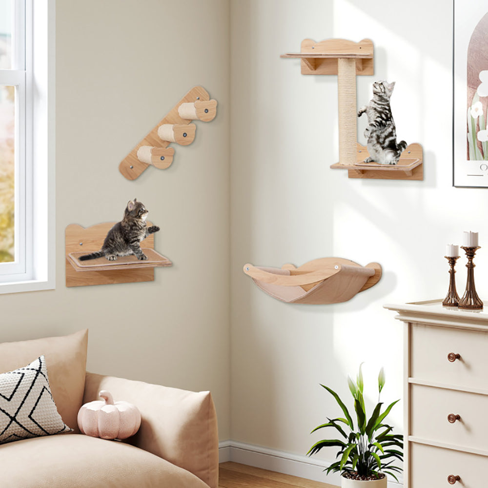 KFX-0621117 Natural Plywood Cat Wall Furniture Set with Hammock, 2-Step Cat Tree, and 3-Step Stairs